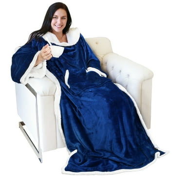 Sherpa Wearable Blanket with Sleeves Arms, Super Soft Warm Comfy Large Fleece Plush Sleeved TV Throws Wrap Robe Blanket for Adult Women and Men by Catalonia, Blue, 72"" x 55”.
