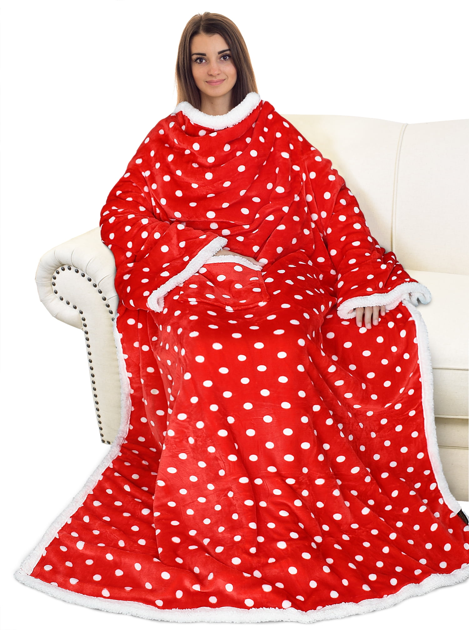 Red Polka Dot Sherpa Fleece Wearable Blanket with Sleeves