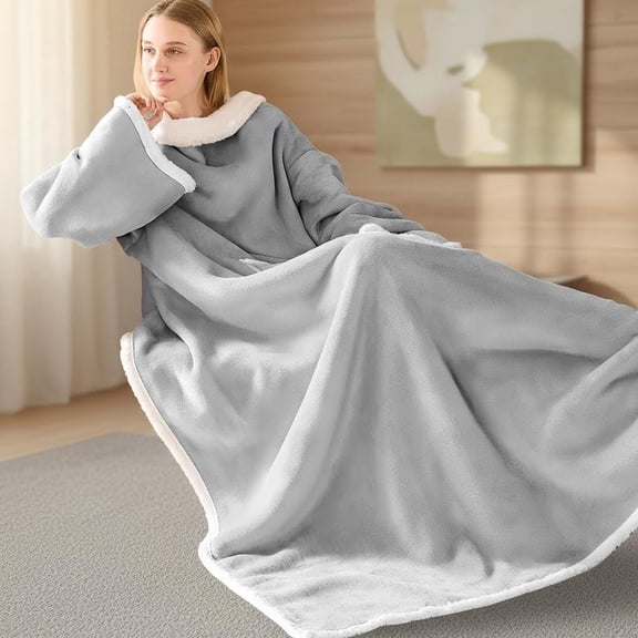 Sherpa Wearable Blanket with Sleeves, Cozy Wearable Blanket with Arm and Pocket, Warm Full Body TV Wrap Throw Blanket, Grey