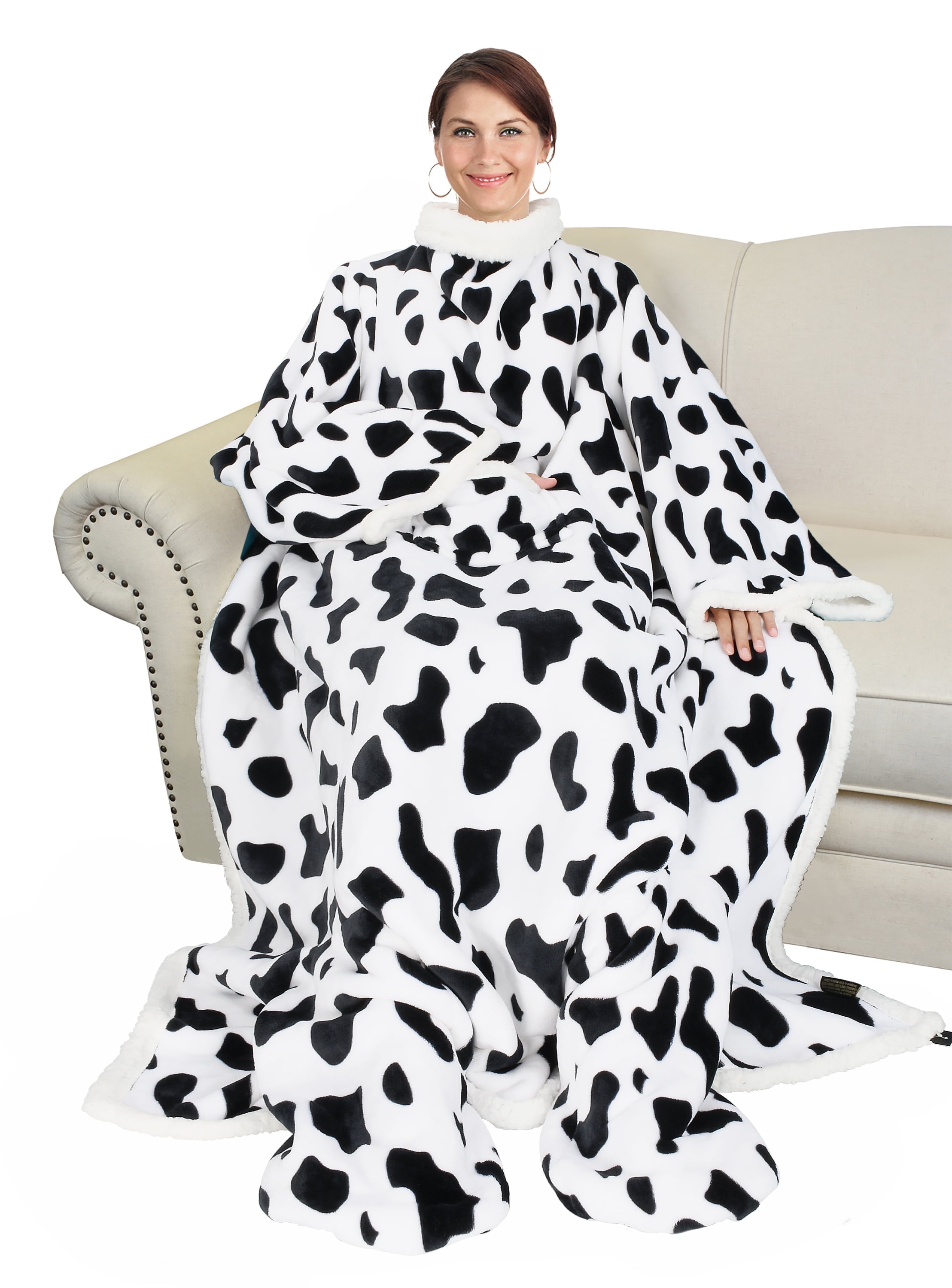 Catalonia Cow Print Sherpa Wearable Blanket with Sleeves and Foot Pockets