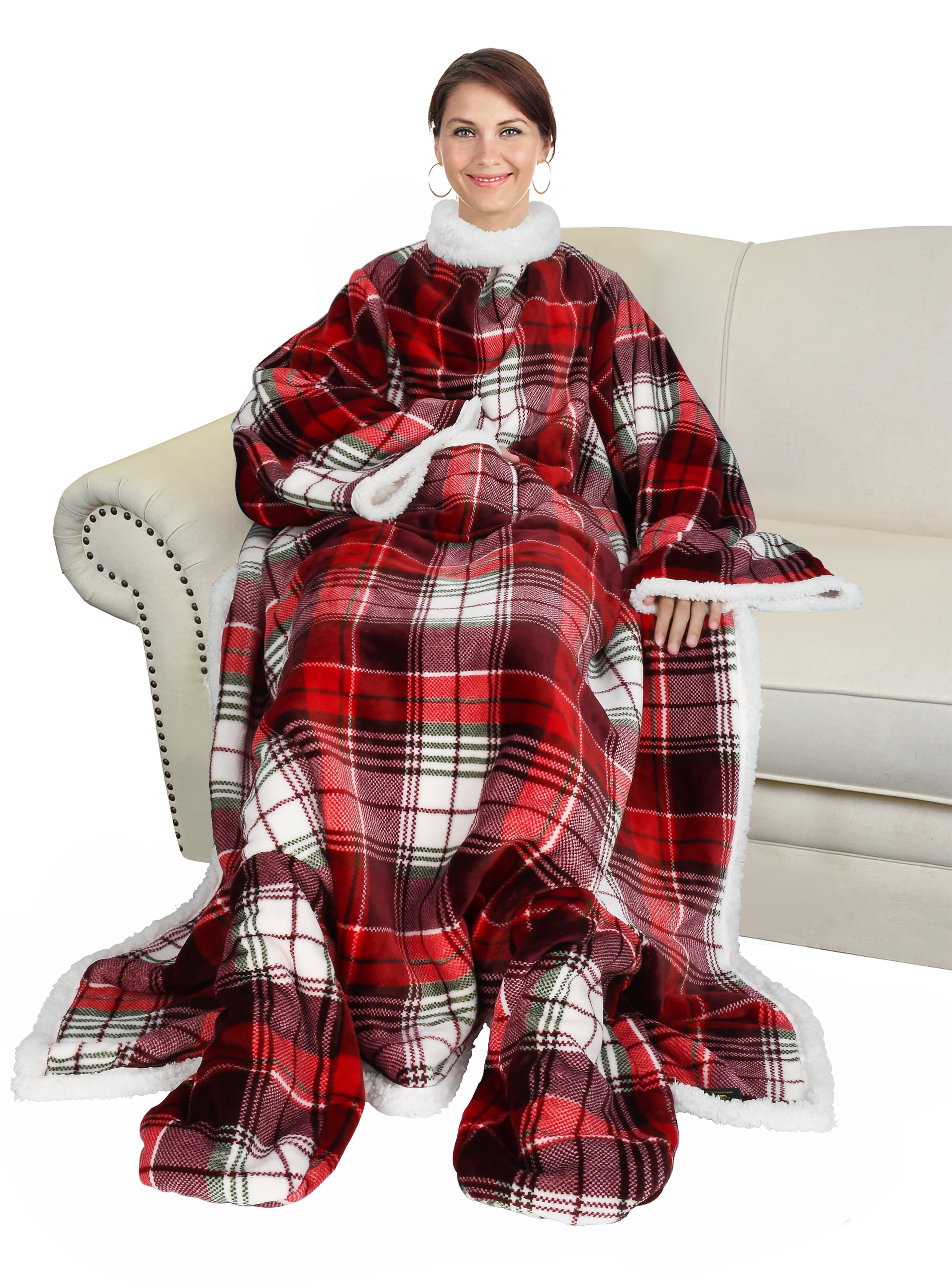 Sherpa Wearable Blanket with Sleeves & Foot Pockets for Adult Women Men