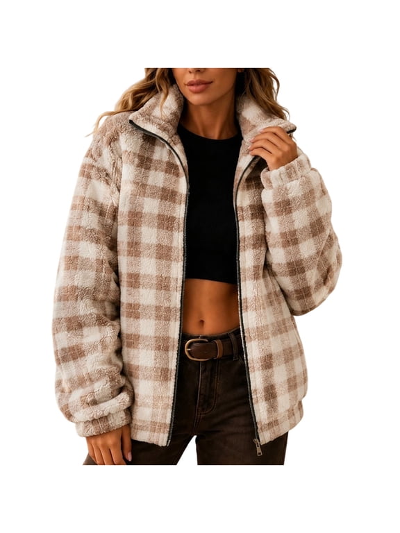 Sherpa Winter Coat for Women Plaid Flannel Jackets Stand Collar Full Zip Casual Warm Outerwear with Pockets (XL, Khaki-Plaid)