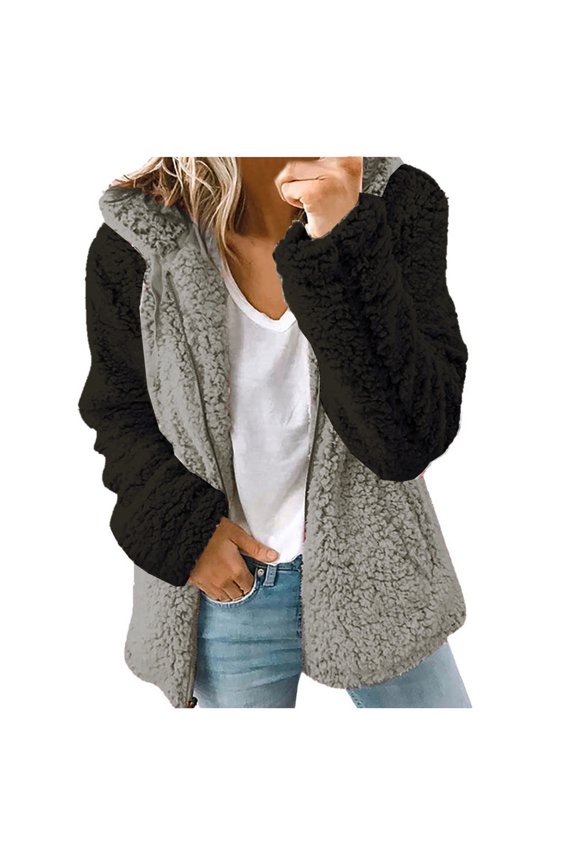 Sherpa Winter Coats for Women 2034 Trendy Solid Color Zipper Fuzzy Jacket Coat with Hood Fleece Outerwear Jackets