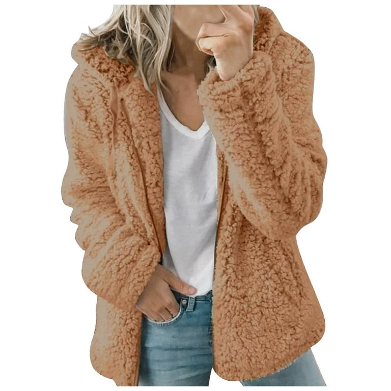 Sherpa Winter Coats for Women 2086 Trendy Solid Color Zipper Fuzzy Jacket Coat with Hood Fleece Outerwear Jackets