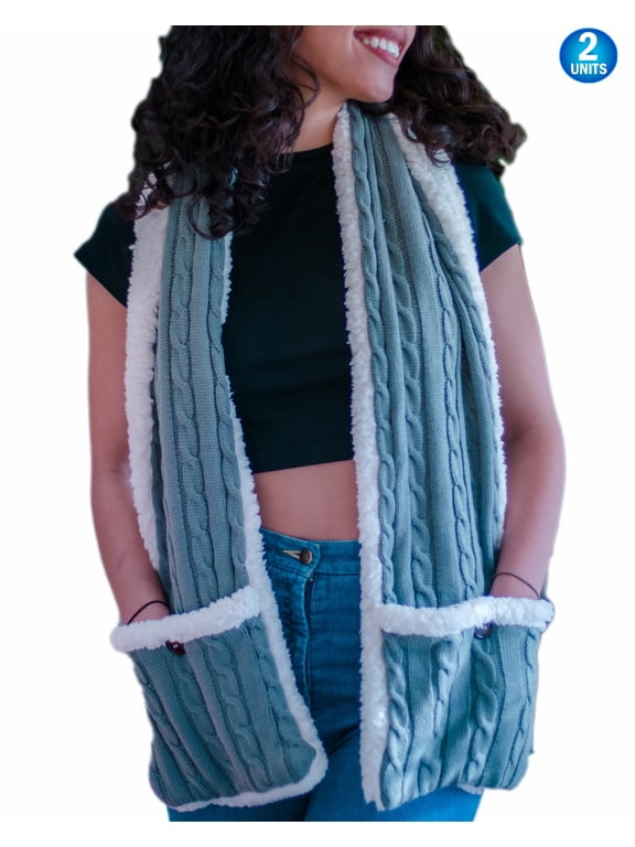 Sherpa Wrap Shawl Scarf With Large Pockets - Warm & Reversible Cable Knit Fleece With Inner Sherpa Shawl - Cost, Soft Warm - Women - 2PC