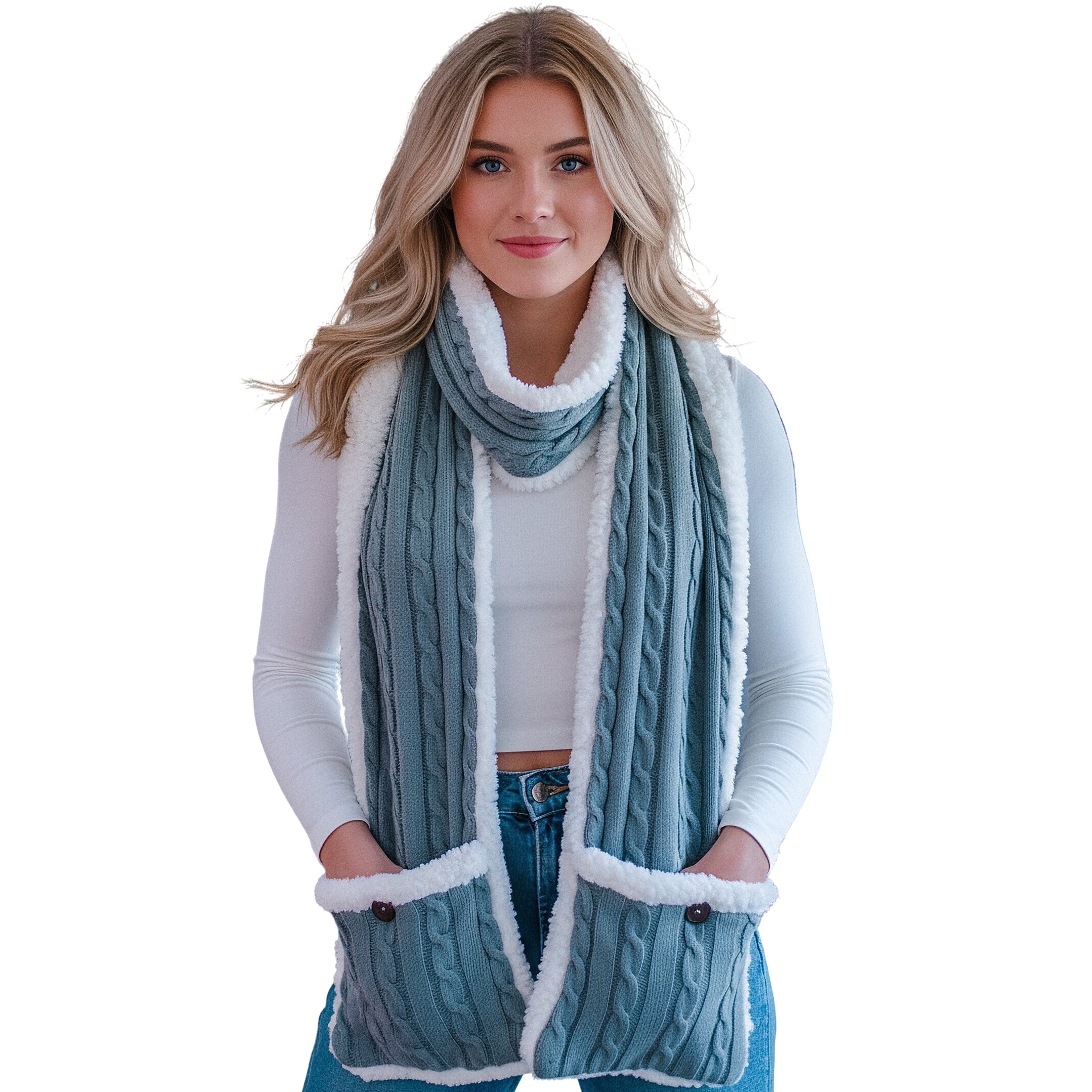 Women's Sherpa Fleece Scarf with Pockets – Reversible Cable Knit