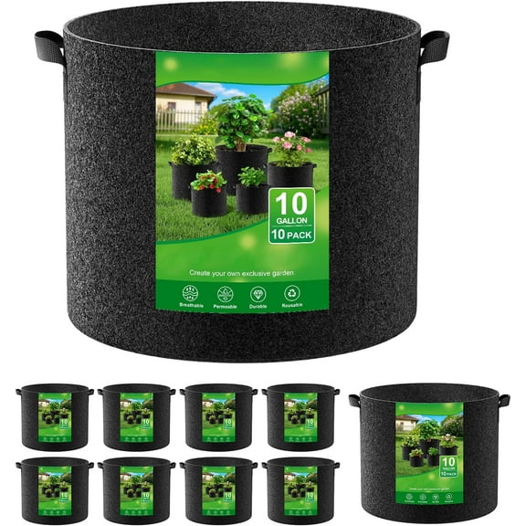 Deally 10-Pack Fabric Grow Bags 10 Gallon - Thickened Nonwoven Garden Pots, Heavy Duty Fabric Plant Pots with Handles, Aeration Garden Containers for Vegetables, Fruits, Flowers, Black