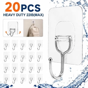 Tattom 20 Pack Large Adhesive Hooks, Wall Hooks for Hanging Heavy Duty 22Ib(Max), Clear and Removable Strong Sticky Hooks, Waterproof and Rustproof Multiple Uses for Bathroom Kitchen Office