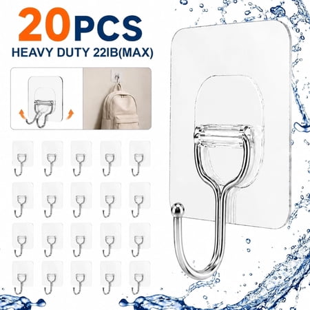 Tattom 20 Pack Large Adhesive Hooks, Wall Hooks for Hanging Heavy Duty 22Ib(Max), Clear and Removable Strong Sticky Hooks, Waterproof and Rustproof Multiple Uses for Bathroom Kitchen Office