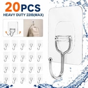 Tattom 20 Pack Large Adhesive Hooks, Wall Hooks for Hanging Heavy Duty 22Ib(Max), Clear and Removable Strong Sticky Hooks, Waterproof and Rustproof Multiple Uses for Bathroom Kitchen Office