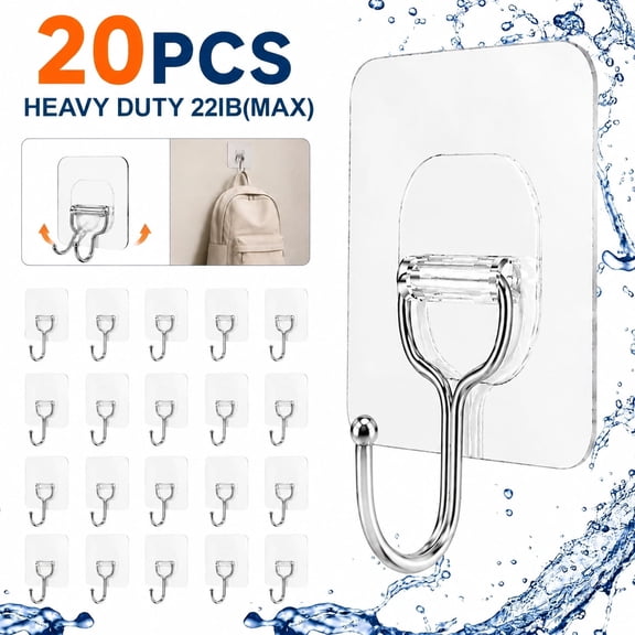 Tattom 20 Pack Large Adhesive Hooks, Wall Hooks for Hanging Heavy Duty 22Ib(Max), Clear and Removable Strong Sticky Hooks, Waterproof and Rustproof Multiple Uses for Bathroom Kitchen Office