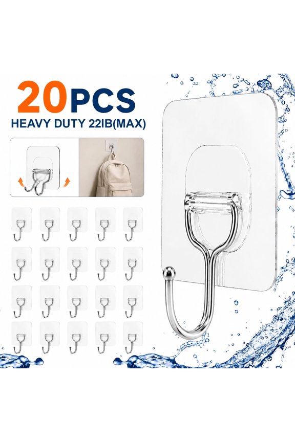 Tattom 20 Pack Large Adhesive Hooks, Wall Hooks for Hanging Heavy Duty 22Ib(Max), Clear and Removable Strong Sticky Hooks, Waterproof and Rustproof Multiple Uses for Bathroom Kitchen Office