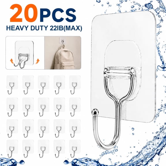 Tattom 20 Pack Large Adhesive Hooks, Wall Hooks for Hanging Heavy Duty 22Ib(Max), Clear and Removable Strong Sticky Hooks, Waterproof and Rustproof Multiple Uses for Bathroom Kitchen Office