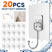 Genreen 20 Pack Large Adhesive Hooks, Wall Hooks for Hanging Heavy Duty 22Ib(Max), Clear and Removable Strong Sticky Hooks, Waterproof and Rustproof Multiple Uses for Bathroom Kitchen Office