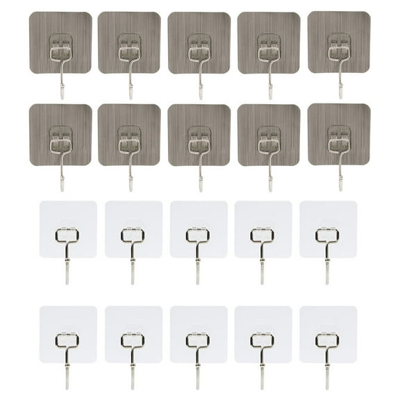 Sherry 20 Pcs Large Wall Hooks Plastic Adhesive Hooks 33lbs (Max) Heavy Duty Towel Hooks Waterproof Wall Hook for Kitchen Bathroom - Brushed/Clear