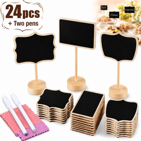 Sherry 24-Pack Mini Chalkboard Food Signs with Wooden Stands, Small Name Cards for Buffets, Brunch Decor, Mimosa Bar, Appetizer Labels, Includes Chalkboard Labels & 2 Pens for Parties and Events