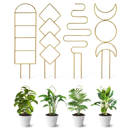 Sherry 4 Pack Indoor Climbing Plant Trellis, Small Trellis for Potted Plants Outdoor, Metal Garden Trellis Plant Support Trellis with Different Patterns for Vine Ivy Flower (Golden)