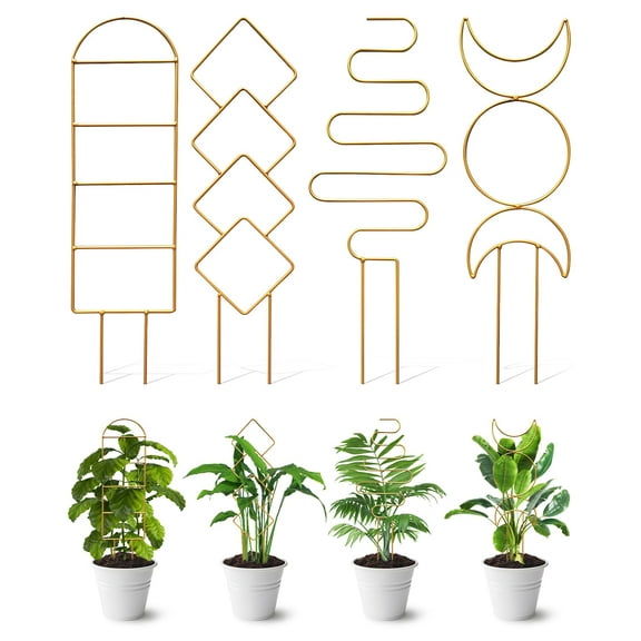 Sherry 4 Pack Indoor Climbing Plant Trellis, Small Trellis for Potted Plants Outdoor, Metal Garden Trellis Plant Support Trellis with Different Patterns for Vine Ivy Flower (Golden)