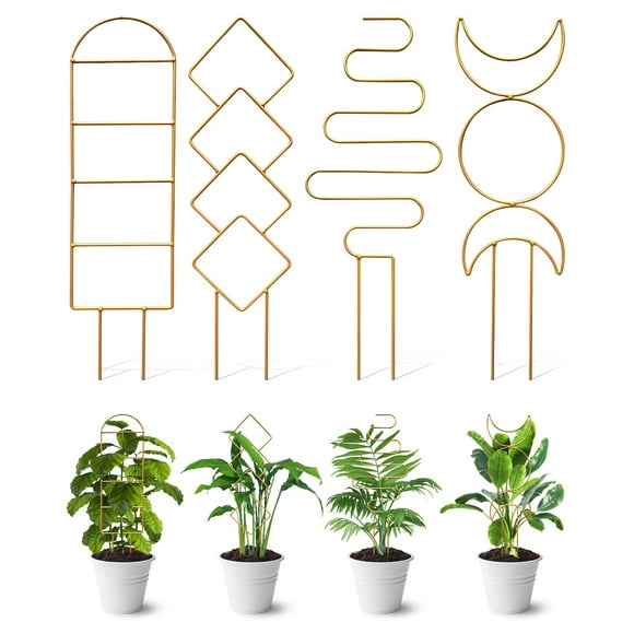 Sherry 4 Pack Indoor Climbing Plant Trellis, Small Trellis for Potted Plants Outdoor, Metal Garden Trellis Plant Support Trellis with Different Patterns for Vine Ivy Flower (Golden)