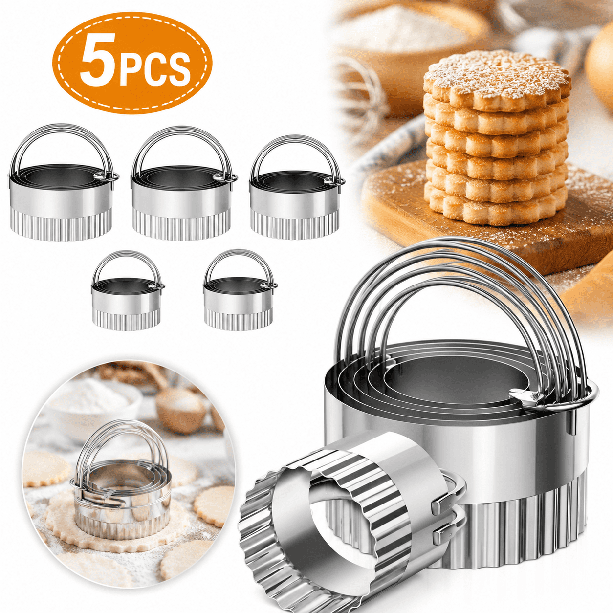 Sherry 5 Piece Round Biscuit Cutters with Handle, Stainless Steel Circle Cookie Cutter with Fluted Edge, Professional Baking Essential Tool for Pastry,Scone,Donut