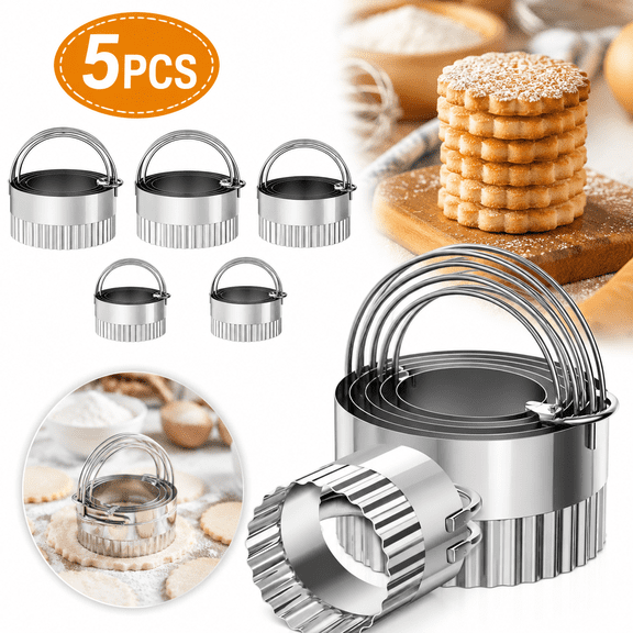 Sherry 5 Piece Round Biscuit Cutters with Handle, Stainless Steel Circle Cookie Cutter with Fluted Edge, Professional Baking Essential Tool for Pastry,Scone,Donut