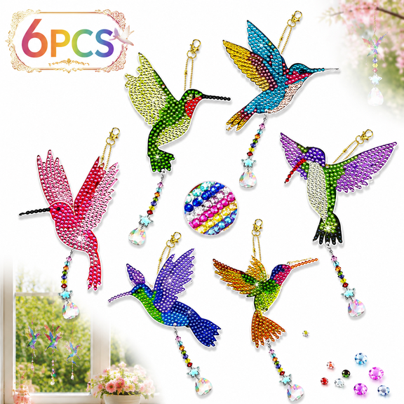 Sherry 6 Pcs Diamond Painting Wind Chimes Rhinestone Hummingbird Diamond Art Suncatcher Double Sided 5D DIY Diamond Painting Kits for Adults Christmas Ornament Best Gifts for Mom