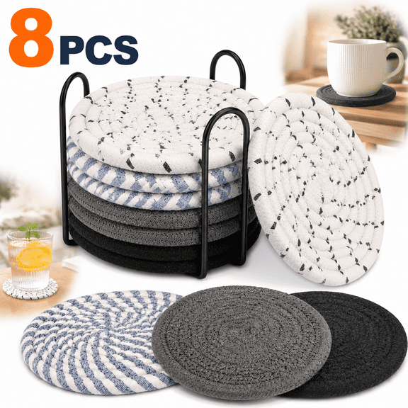 Sherry 8 Pcs Drink Coasters with Holder, 4 Colors Absorbent Coasters for Drinks, Minimalist Cotton Woven Coaster Set for Home Decor Tabletop Protection Suitable for Kinds of Cups, 4.3 Inches.