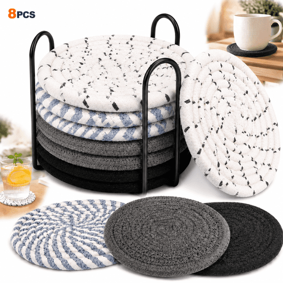 Sherry 8 Pcs Drink Coasters with Holder, 4 Colors Absorbent Coasters for Drinks, Minimalist Cotton Woven Coaster Set for Home Decor Tabletop Protection Suitable for Kinds of Cups, 4.3 Inches.