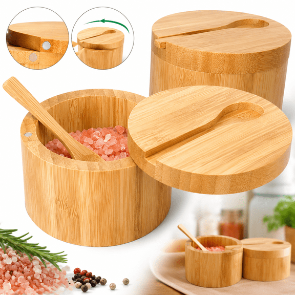 Sherry Bamboo Salt Cellar Spice Box with Magnetic Swivel Lid & Spoon, Bamboo Storage Box Salt Container to Storage Pepper, Table Salt, Gourmet Salts, Spice, Sugar, 6 oz