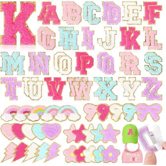 Sherry Chenille Letter Patches for Backpacks - 82PCs Adhesive Varsity Style Letters & Shapes with Sewing Kit (A-Z, Gold Trim)
