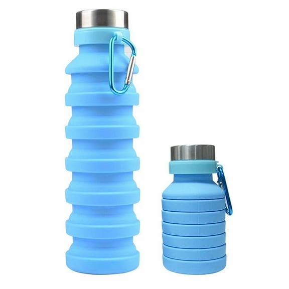 Rongsi Collapsible Water Bottle, Reuseable BPA Free Silicone Foldable Water Bottles for Travel Gym Camping Hiking, Portable Leak Proof Sports Water Bottle with Carabiner -Blue