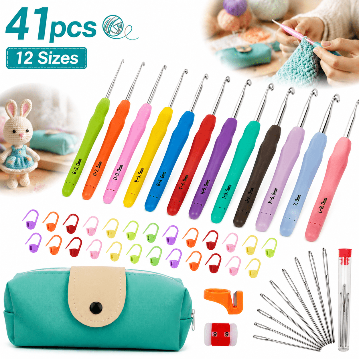Sherry Crochet Hooks 12 Sizes Crochet Hook Set, 41 Pack Yarn Crochet Kit for Beginners, Knitting Needles with Ergonomic Handles for Arthritic Hands, Crochet Nee