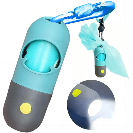 Sherry Dog Poop Bags Holder with LED Flashlight|Pet Waste Bags Dispenser for Leash|Doggie Potty Bags Container with Leak-Proof Pet Trash Bags and Accessories (1 Holder 15 Bags, Crystal Blue)