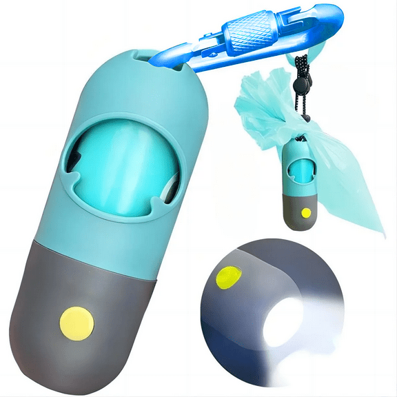 Sherry Dog Poop Bags Holder with LED Flashlight|Pet Waste Bags Dispenser for Leash|Doggie Potty Bags Container with Leak-Proof Pet Trash Bags and Accessories (1 Holder 15 Bags, Crystal Blue)