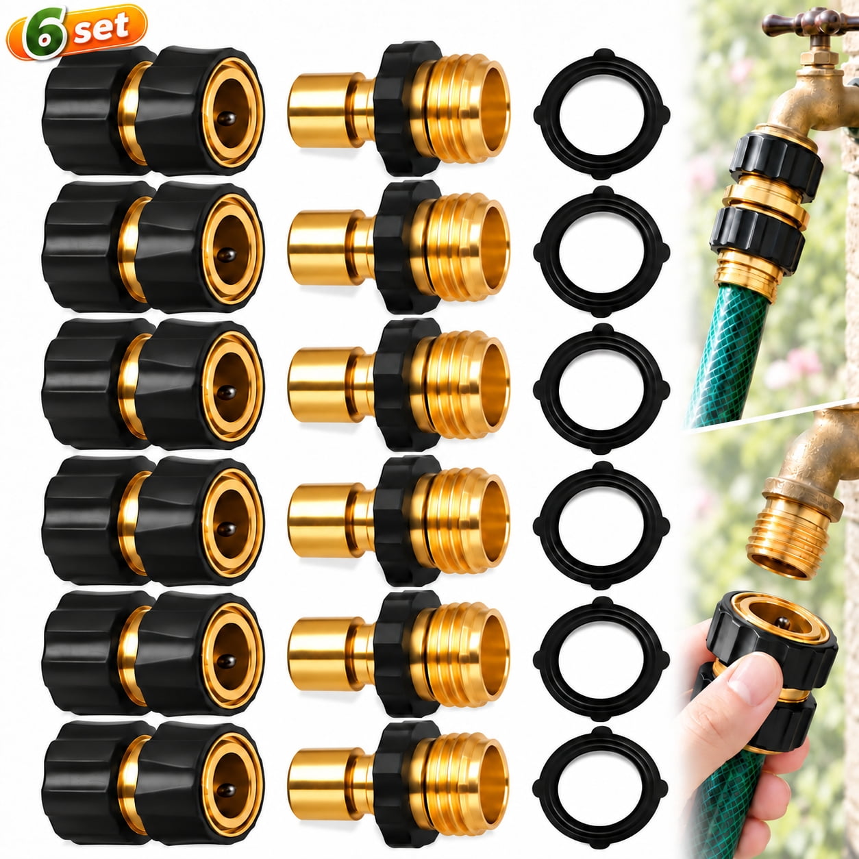 Sherry Garden Hose Quick Connector, 3/4 Inch Male and Female Garden Hose Fitting Quick Connector, 6 Set