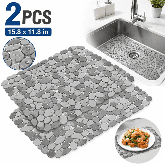 Kitchen Sink Mat - 2 Pack, PVC Pebble Sink Mat Protector for Stainless Steel and Ceramic Sinks, 15.7 x 11.8 Inch, Grey Pebble Kitchen Silicone Sink Mat