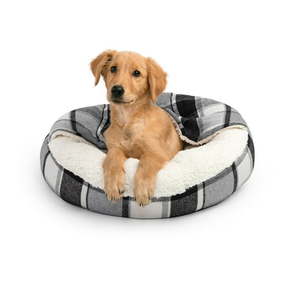 Sherry Kline Black/White Plaid and Natural Sherpa Medium Round with attached hoodie blanket, Dog Bed (24”x24”x7”)