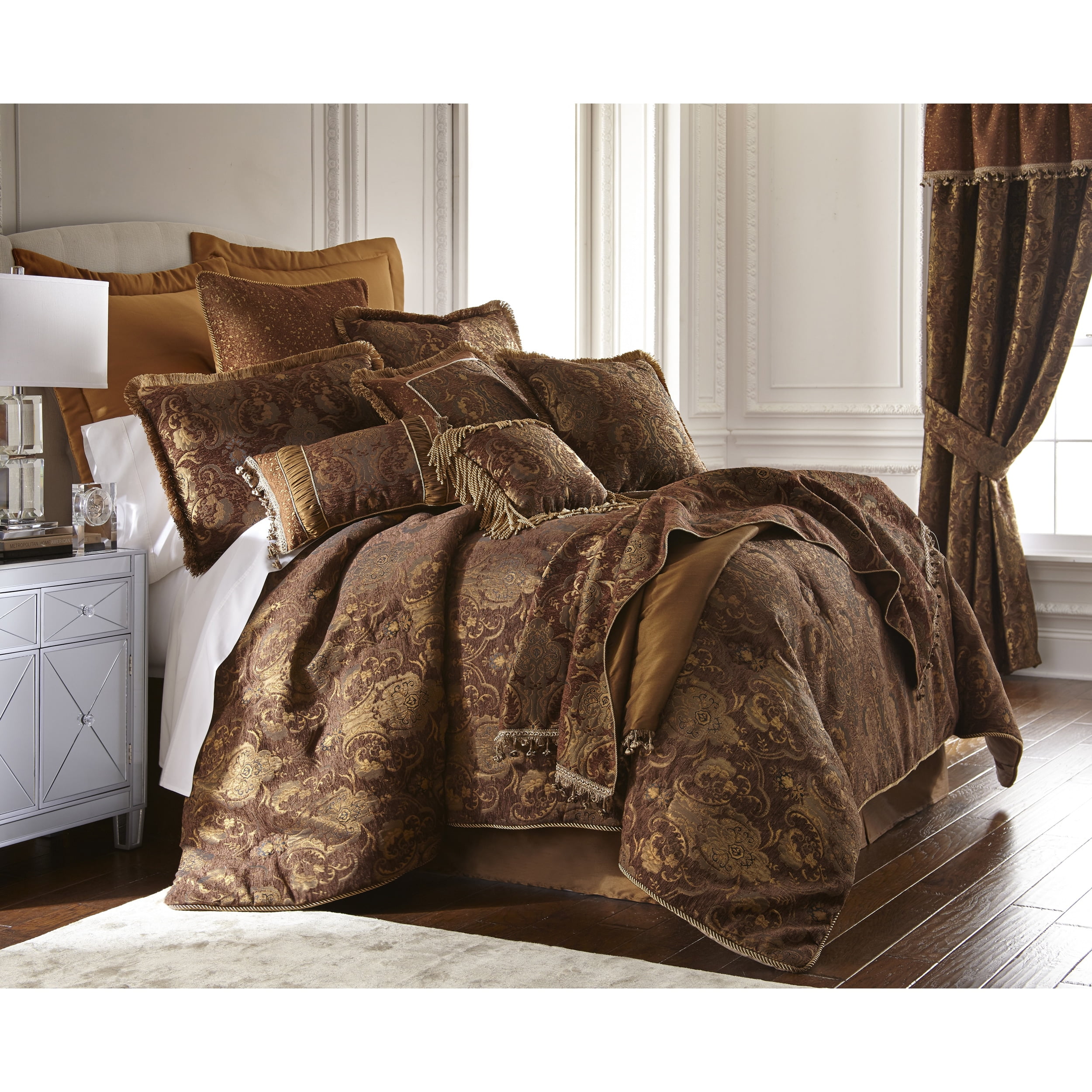 California King Brown and Gold Jacquard Comforter Set