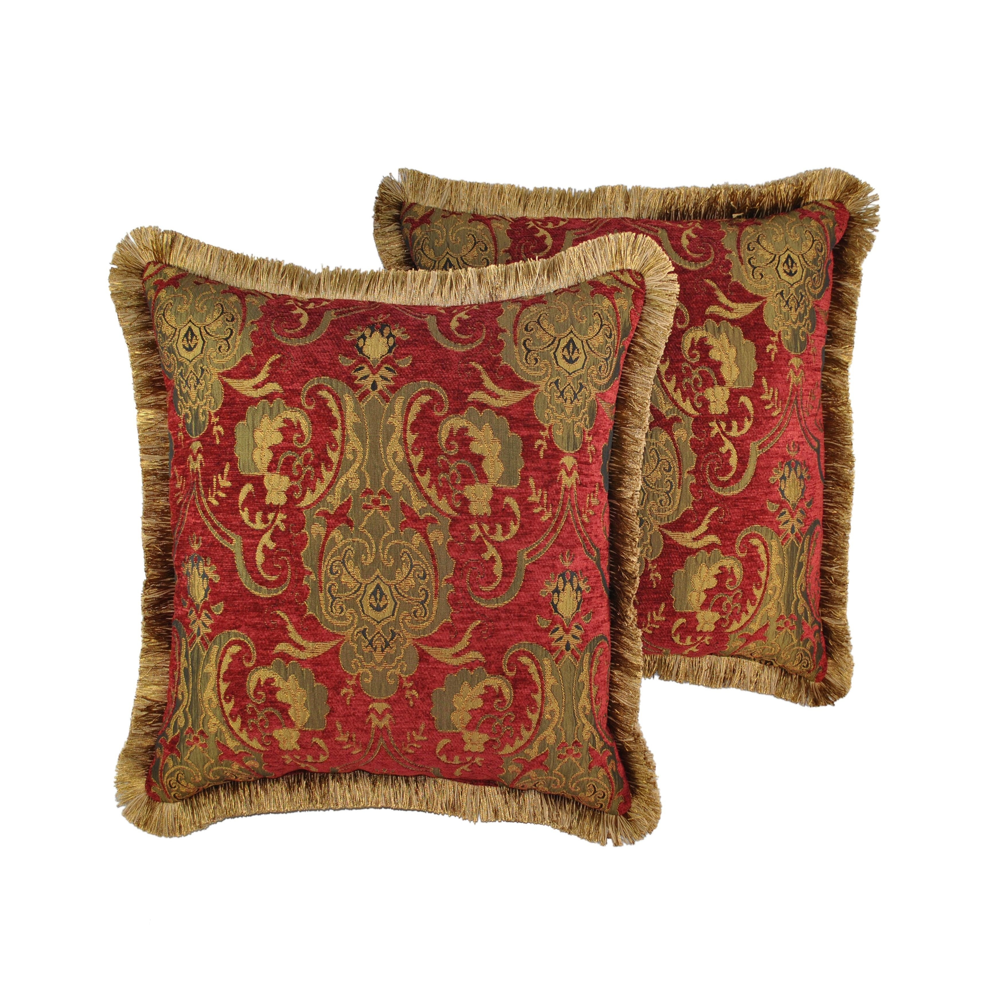 Elegant Red and Gold Damask Square Decorative Throw Pillows Set
