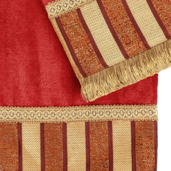 Sherry Kline  Queue Coral 3-piece Decorative Towel Set, Jacquard Fabric Band, brush fringe trim 1 Bath Hand & Tip Towel Red