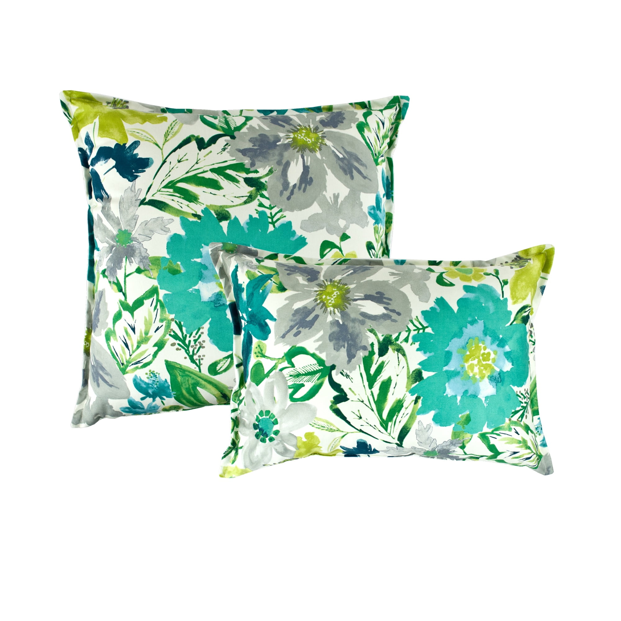 Teal and Gray Floral Cotton Square Pillow Set