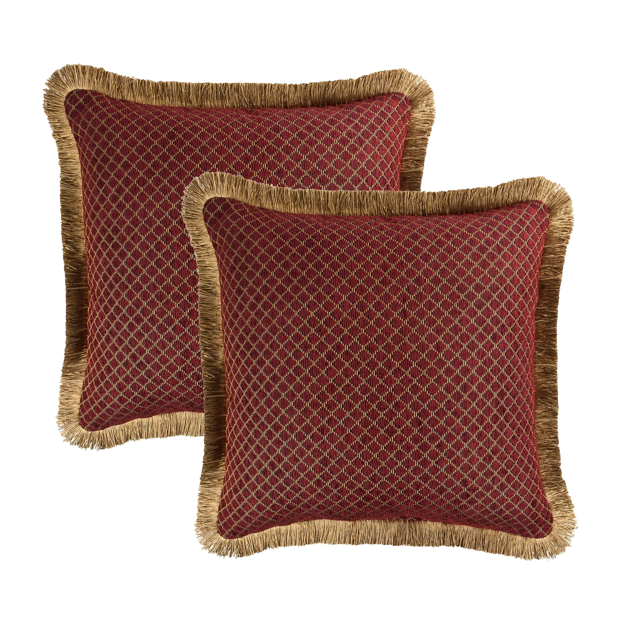 Tangiers Red Chenille Square Decorative Pillow Set with Gold Fringe