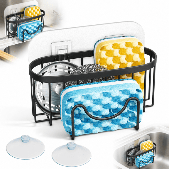 Sherry Multifunctional Sponge Holder with Unique M-Shaped, 2 Installation Methods Kitchen Sink Organizer, Rustproof Stainless Steel Sink Caddy for Sponge, Brush, Sink Stopper and Scraper -Black