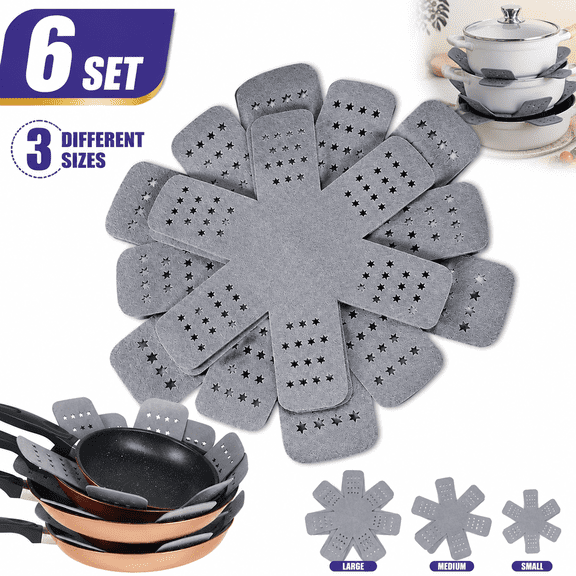 Sherry Pan and Pot Protectors, Larger & Thicker Pan Protectors with Stars, Set of 6 and 3 Different Sizes, Pot Protectors for Stacking and Protecting Your Cookware