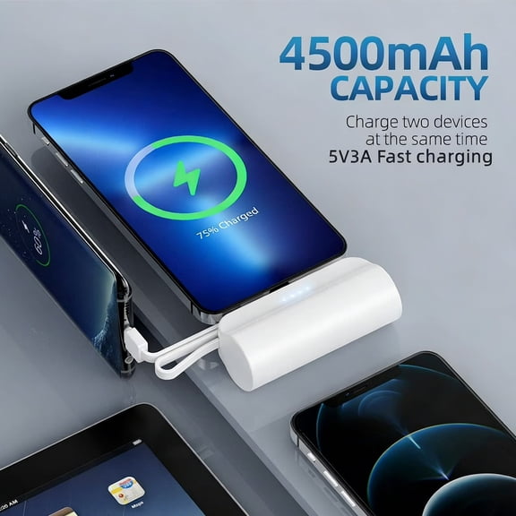 Sherry Portable-Charger-Power-Bank - 4500mAh Ultra Compact Portable Phone Charger 5V3A Output Battery Pack Built-in Type-C Cable  for iPhone5 to 16 Series and Samsung, etc. (White)