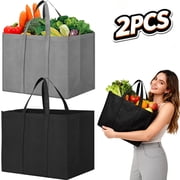 Reusable Grocery Shopping Bags 2 Pack Large Foldable Tote Bags Bulk, Eco Produce Bags with Long Handle for Shopping Groceries Clothes (Grey + Black)