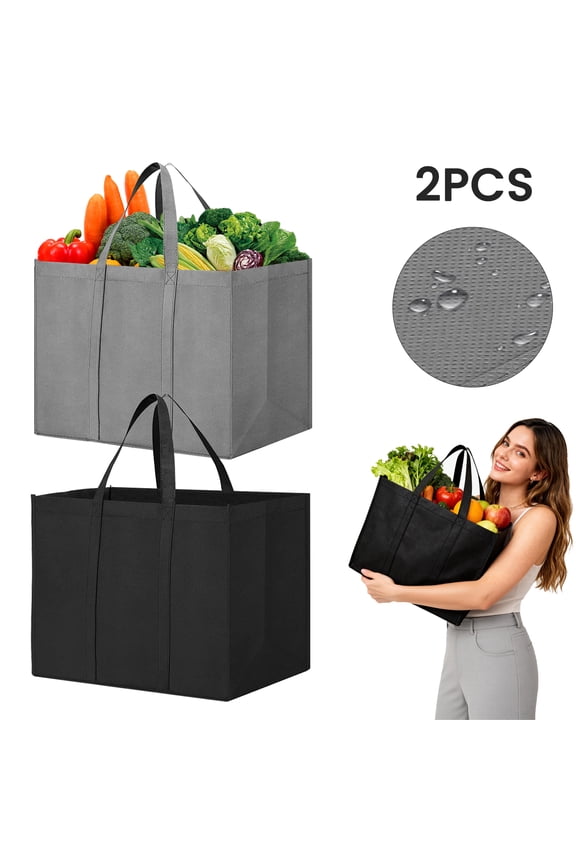 Reusable Grocery Shopping Bags 2 Pack Large Foldable Tote Bags Bulk, Eco Produce Bags with Long Handle for Shopping Groceries Clothes (Grey + Black)