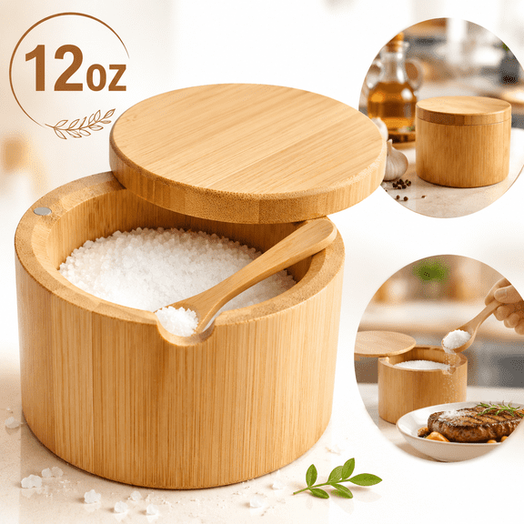 Sherry Salt Box with Lid and Spoon Bamboo Salt Container Kitchen Spice Cellars with Swivel Lid Built in Spoon Salt Holder for Storage Sea Salt 12oz Capacity Large Salt Keeper