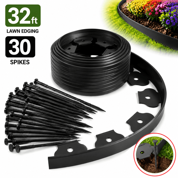 Sherry The Tall Wall No-Dig Landscape Edging Kit includes 32 ft of Lawn Edging and 30 Spikes. This Garden Plastic Edging Border is Perfect for Landscaping, Flower Gardens, and lawns. (Black-32ft)