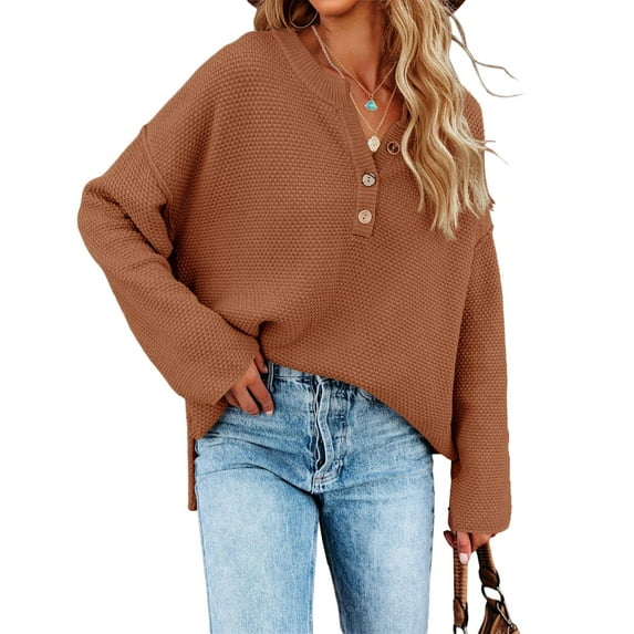 Sherrylily Fall Women Oversized Sweaters Batwing Long Sleeve Loose V Neck Henley Pullover Knit Jumper S-XL